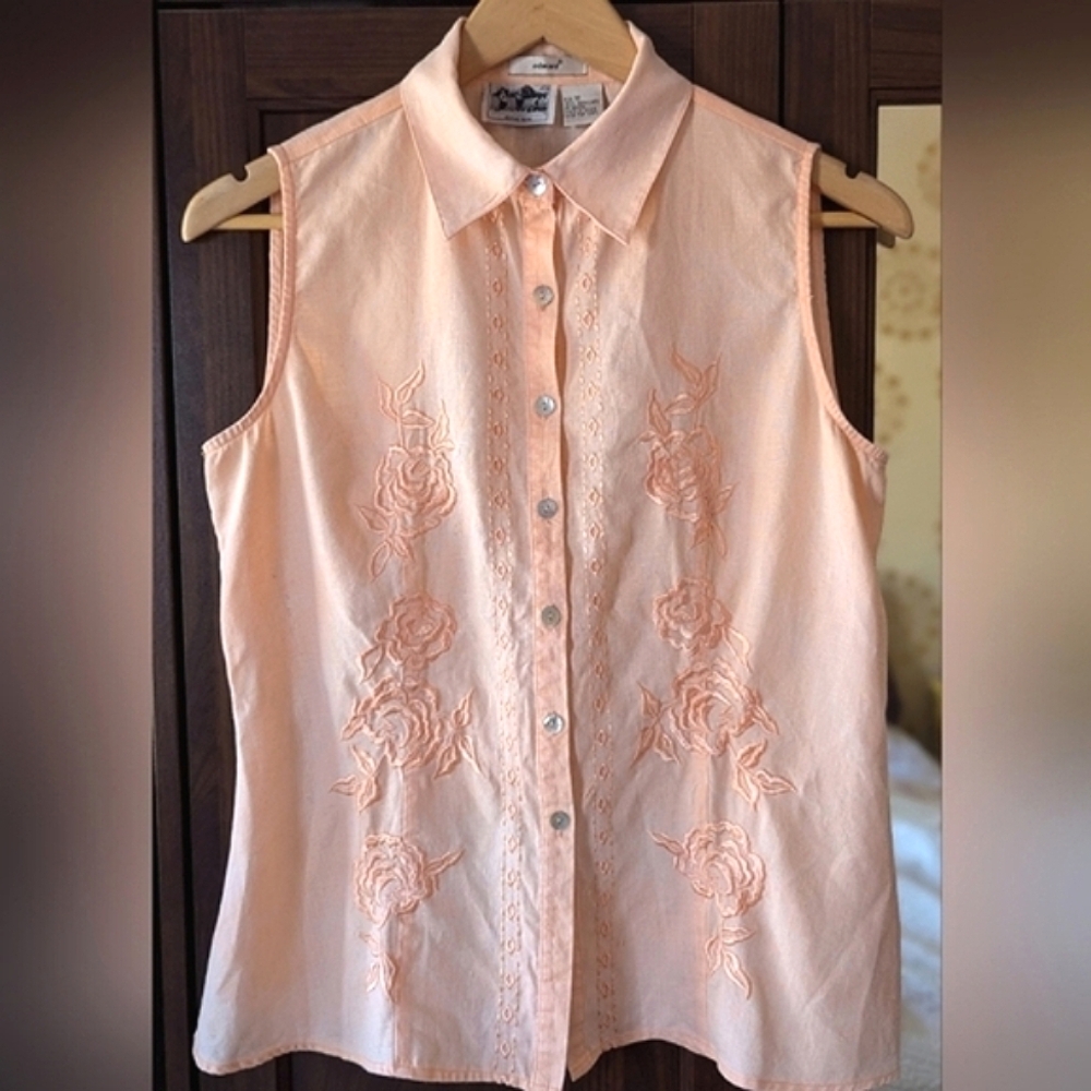 Irish Linen 100% Peach Pink Sleeveless Blouse Button Down Embroidered Medium